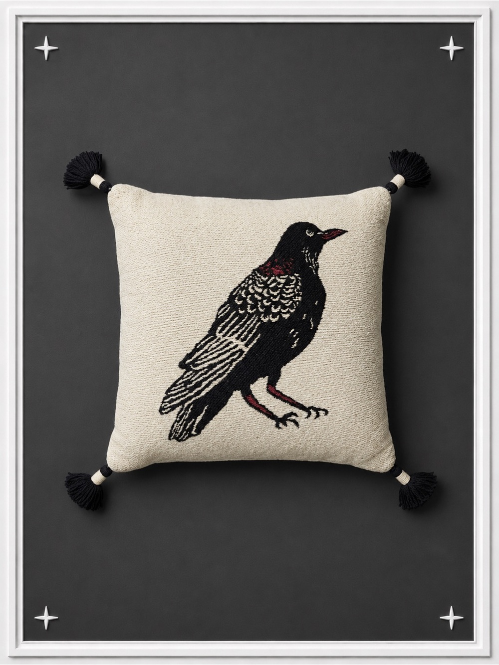 Embroidered Tassel Raven Throw Pillow - Picture 1 of 9
